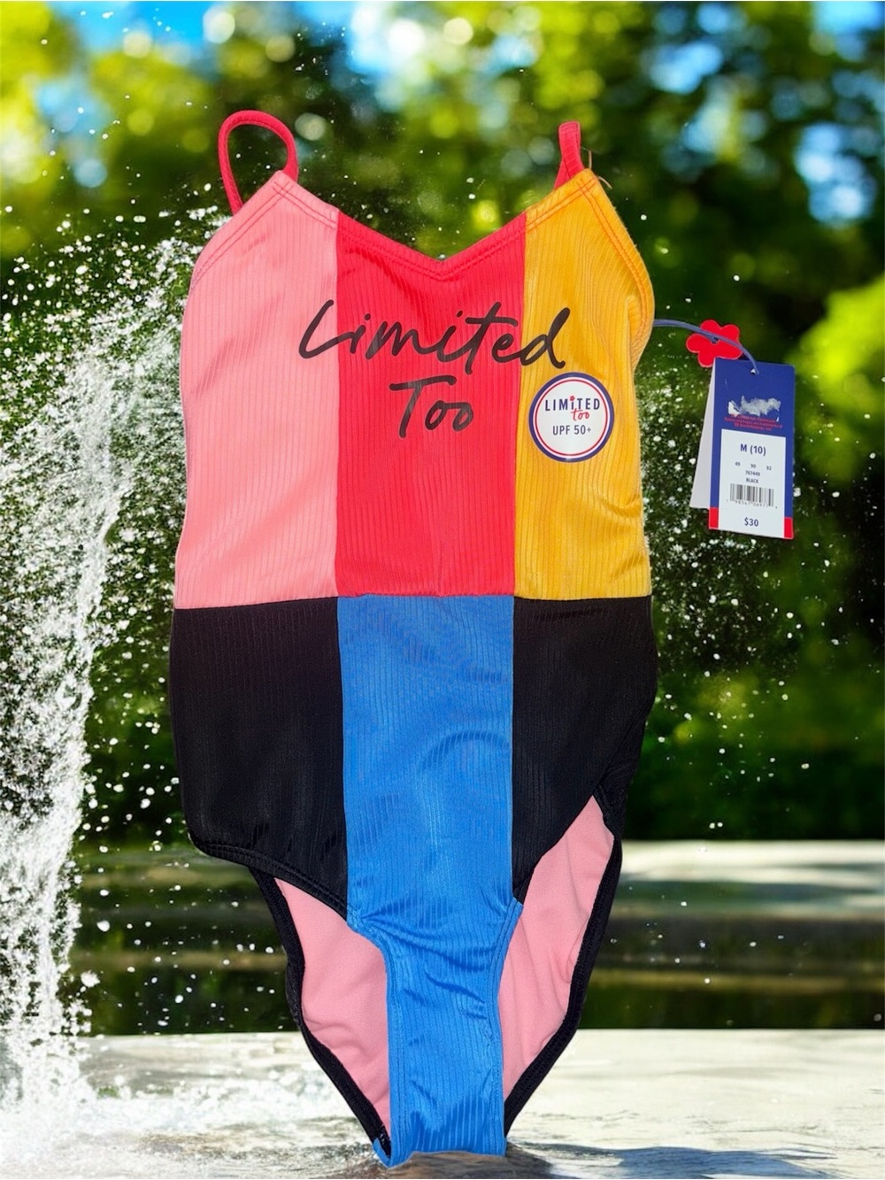 Limited Too Colorblock One-Piece Swimsuit in Pink, Red, Yellow, Blue & Black